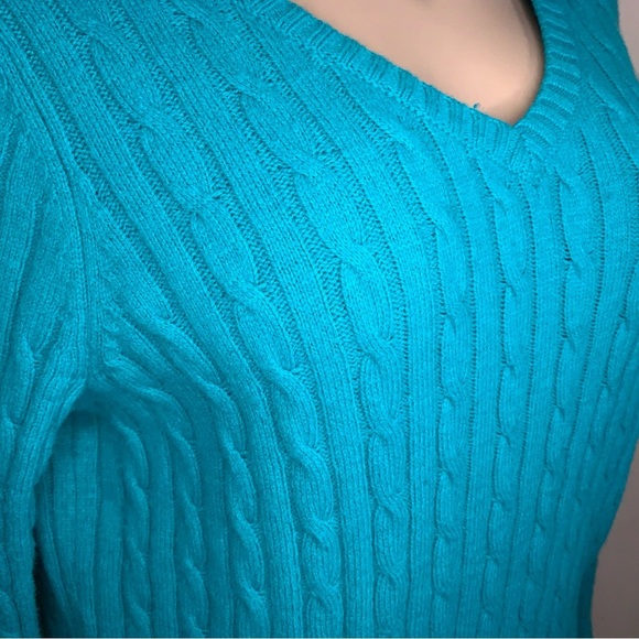 2X JC Penney Teal Merino Wool Cable Knit Sweater Vneck Long Sleeve - Picture 11 of 14